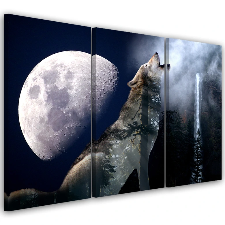 Leinwandbild 3-teilig, Wolf Natur Mond Nebel 