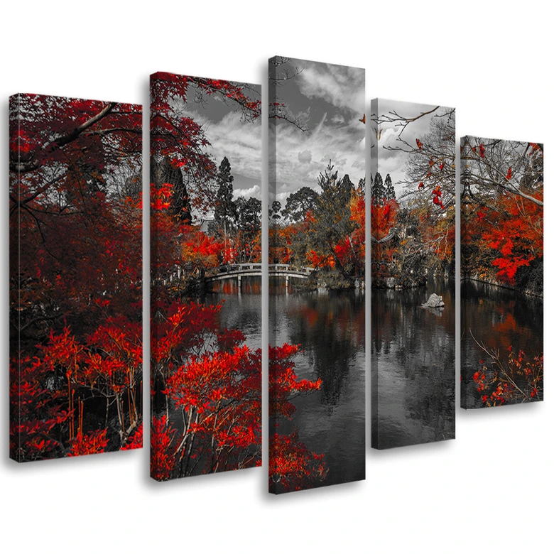 5-delige canvasprint Tuin Japan Rood 
