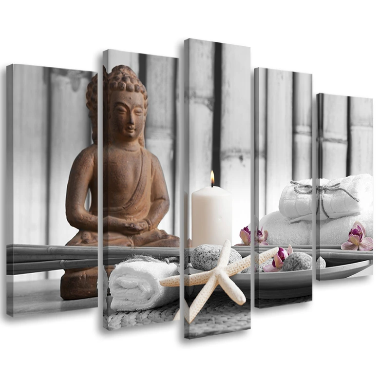 Leinwandbild 5 teilig, Buddha Zen Spa Braun 