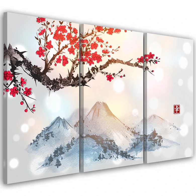 Leinwandbild 3-teilig, Japan Kirschblüten Berge 