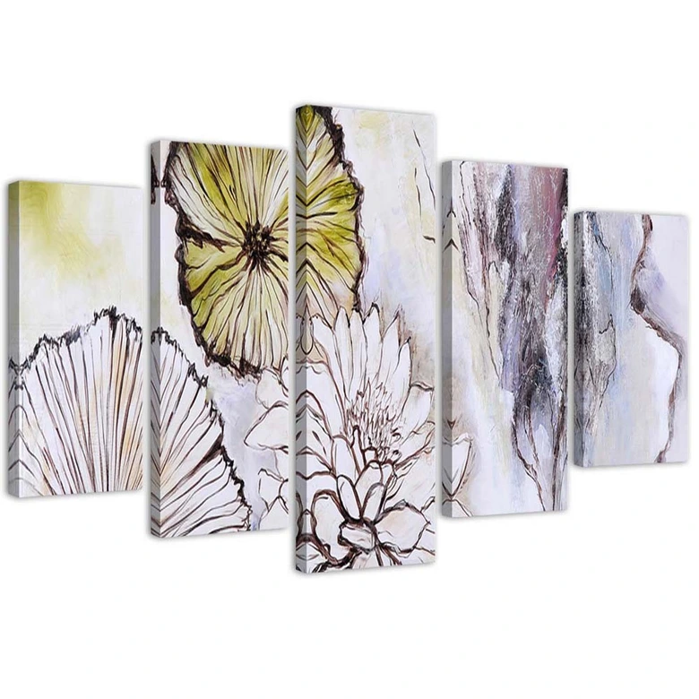 Leinwandbild 5 teilig, Aquarell Blumen Beige 