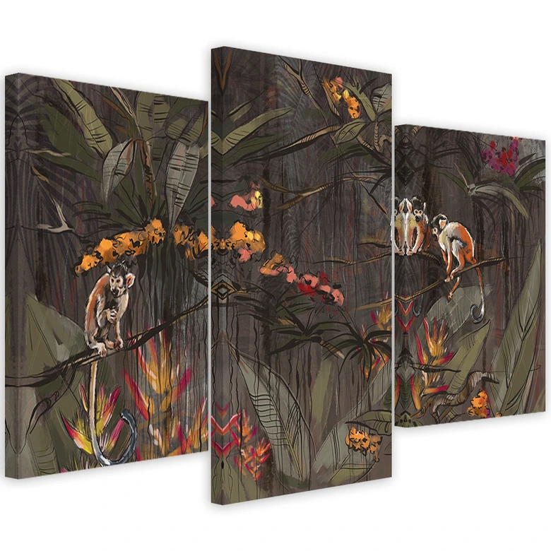3-delige canvas print, Apen in de jungle 