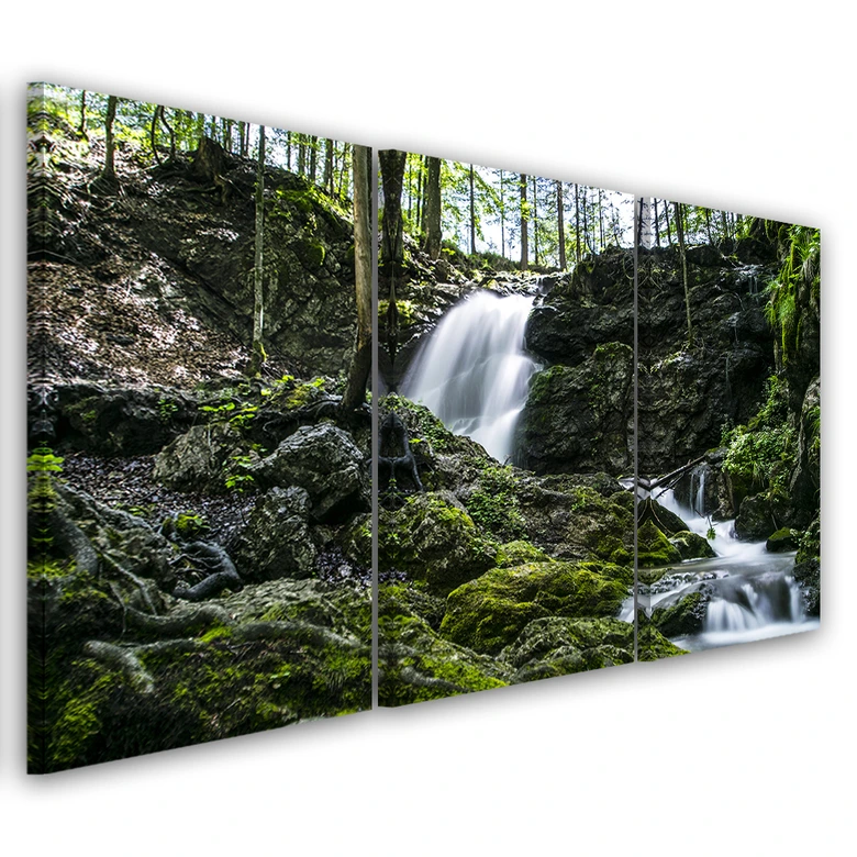 Leinwandbild 3-teilig, Wasserfall Wald Felsen 