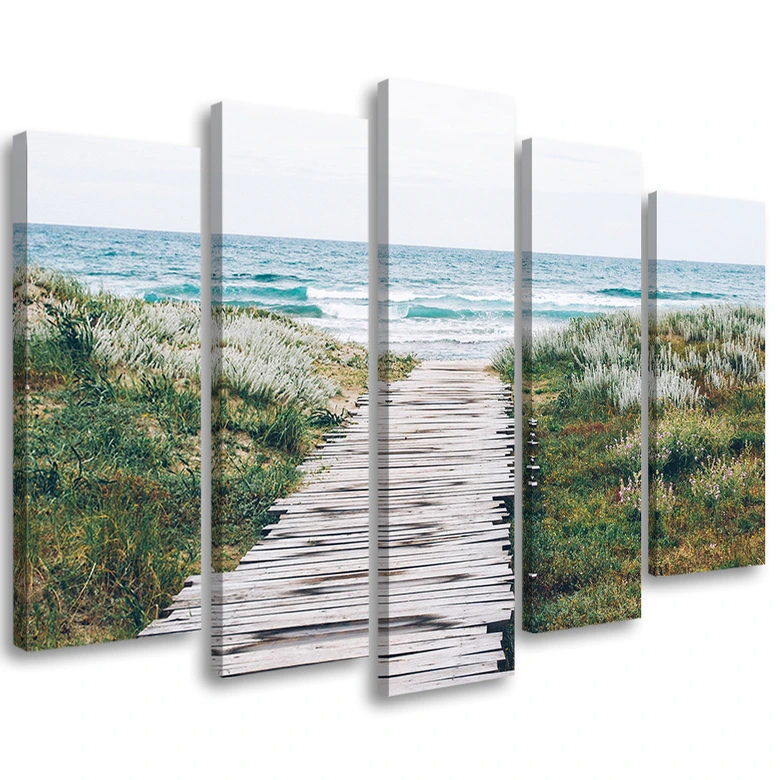 5 stykke lærredstryk, strand havstilandskab 