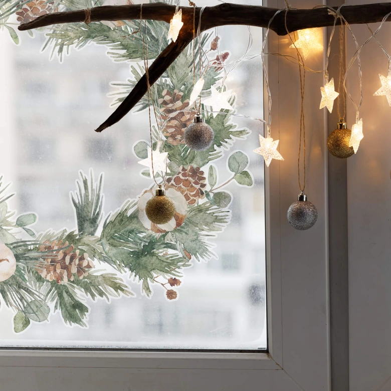 Winter Fensterbild Tannenkranz mit Zapfen und Baumwollblüten | Fensterdeko Weihnachten 