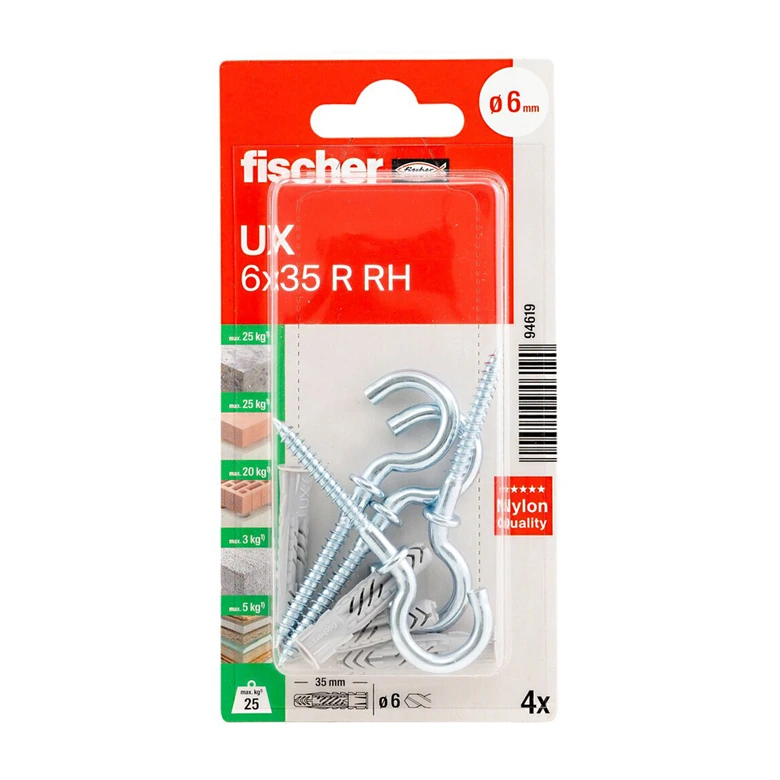 fischer - Uniwersalna wtyczka UX 6 x 35 RH z okrągłym hakiem 
