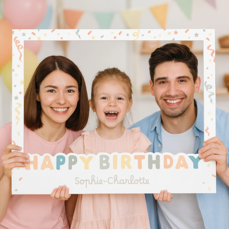 Fotorahmen Happy Birthday mit Konfetti quer - personalisierbar 