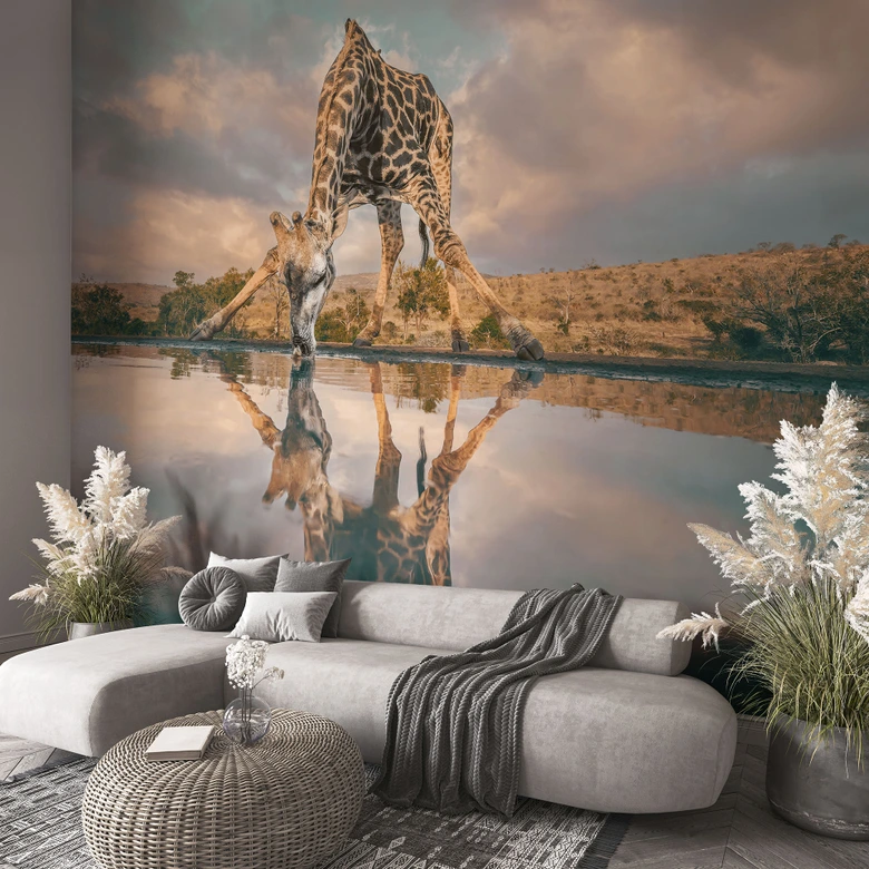 Reflektion av en giraff i vildmarken | Afrika Fototapet - Amtmann 