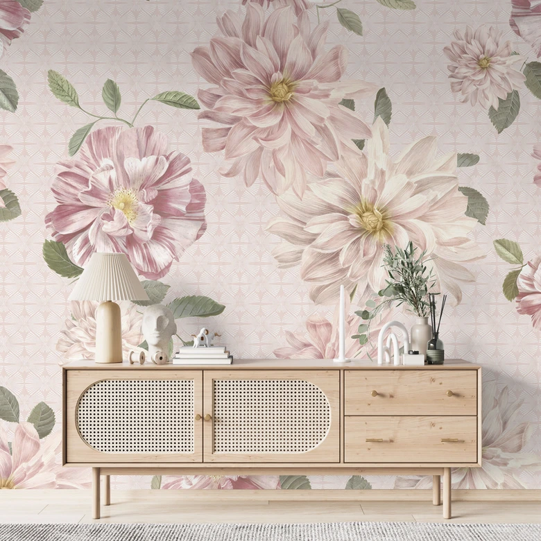 Fototapet med georginer shabby chic pink - Bloomery Decor 