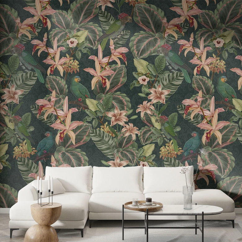 Fototapete Dschungel mit Papageien Nachtgrün | Urban Jungle Tapete - Bloomery Decor 