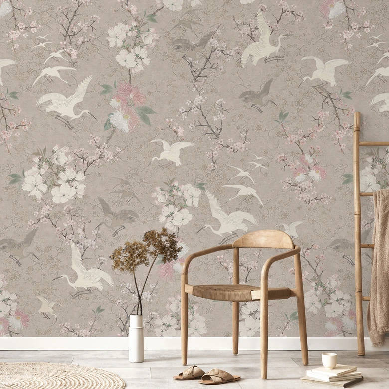 Fotomural Pájaros Japandi | Grullas en Flor de Cerezo Rush Beige - Bloomery Decor 