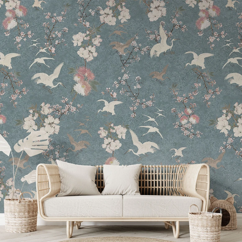 Japandi Stijl Fotobehang - Kraanvogels in Kersenbloesem Rush Blauw - Bloeiende Decor 