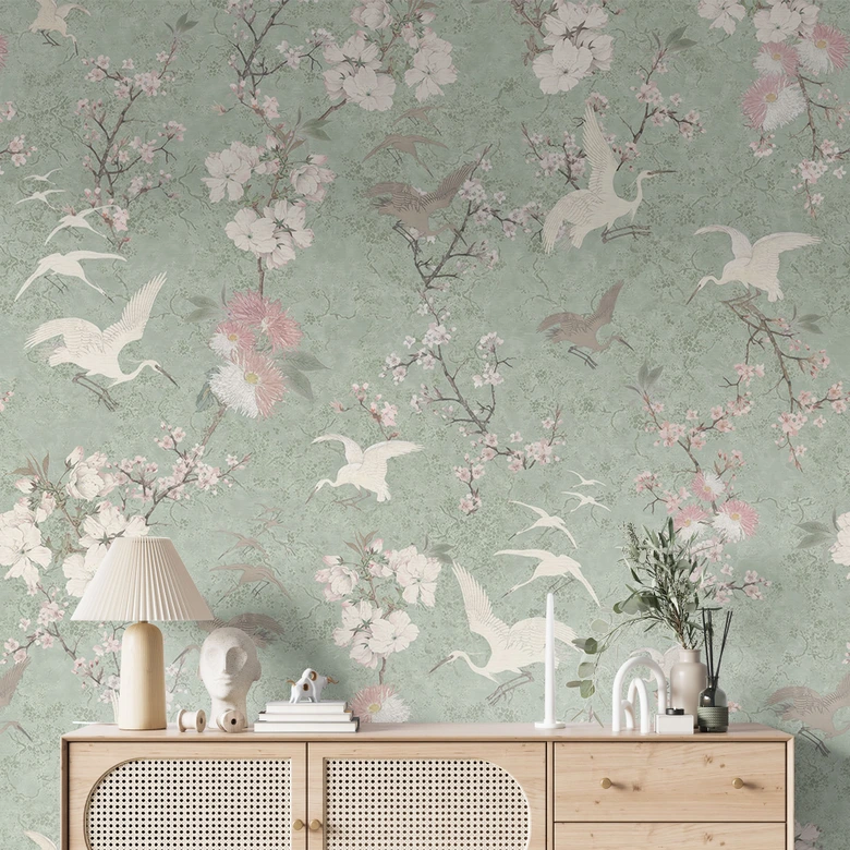 Vogel-Tapete im Asia-Stil - Kraniche im Kirschblüten-Rausch Grün - Bloomery Decor 