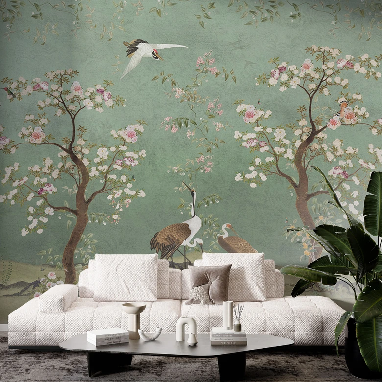 Chinoiserie Fototapete Kraniche in floraler Landschaft - Bloomery Decor 