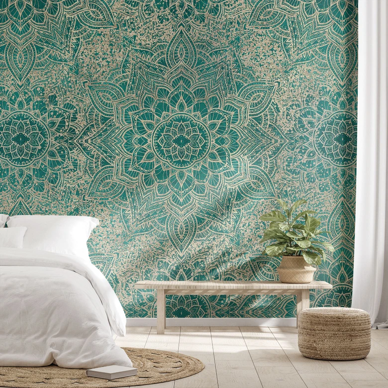 Ornamente Fototapete Mandala Boho Gold-grün - Bloomery Decor 