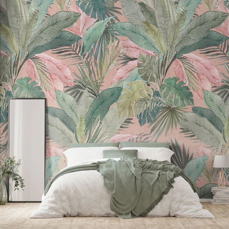 Dschungel-Fototapete Tropenblätter im Dschungel Rosa - Bloomery Decor 