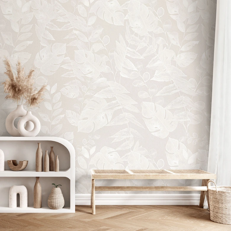 Fototapete Dschungelpflanzen - Tropische Blätter Beige - Bloomery Decor 