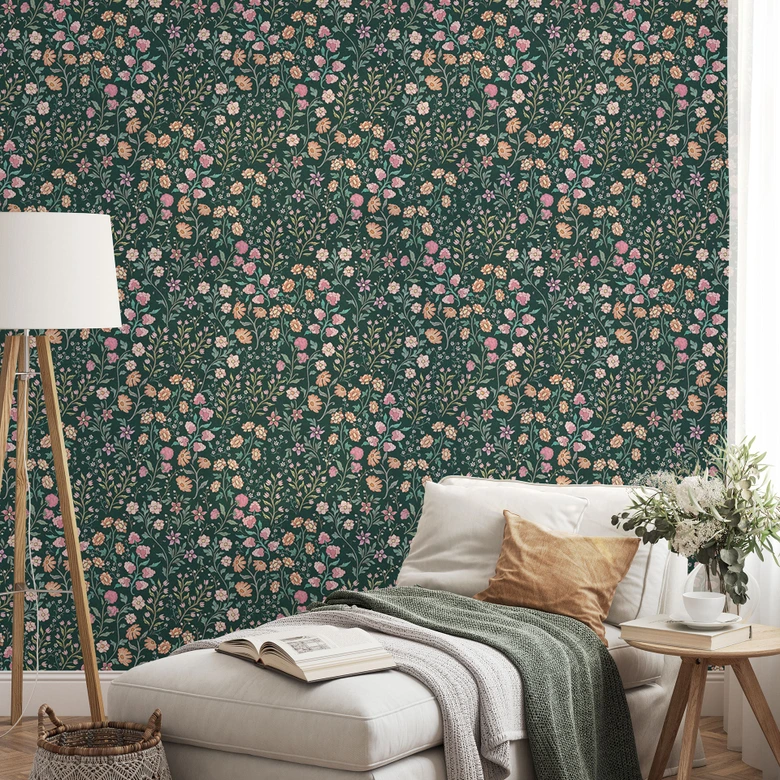 Fototapete mit Blumenmuster - Wiesenblumen Vintage - Dunkelgrün - Bloomery Decor 