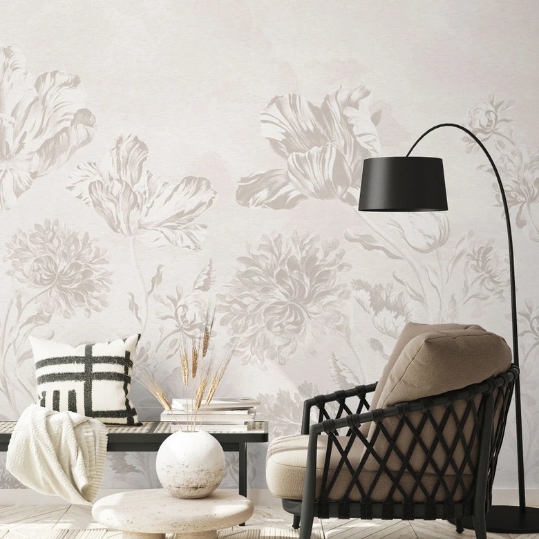 Fototapete Blumentapete - Wildblumen in Kreide-Optik Greige - Bloomery Decor 