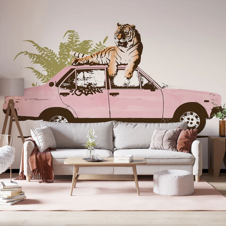Fotobehang Tijger op roze auto - Bodart 