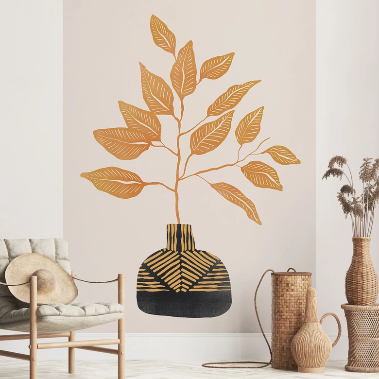 Wall Mural Still Life - Golden Branch with Leaves - Cats & Dotz 