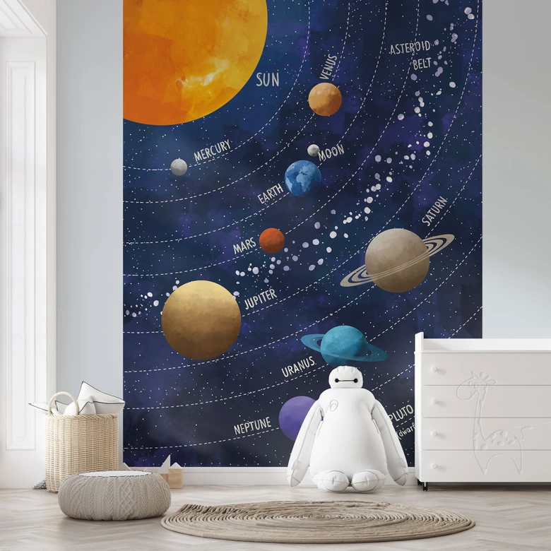 Papier peint système solaire avec planètes et soleil | Papier peint espace pour enfants - Cats & Dotz 