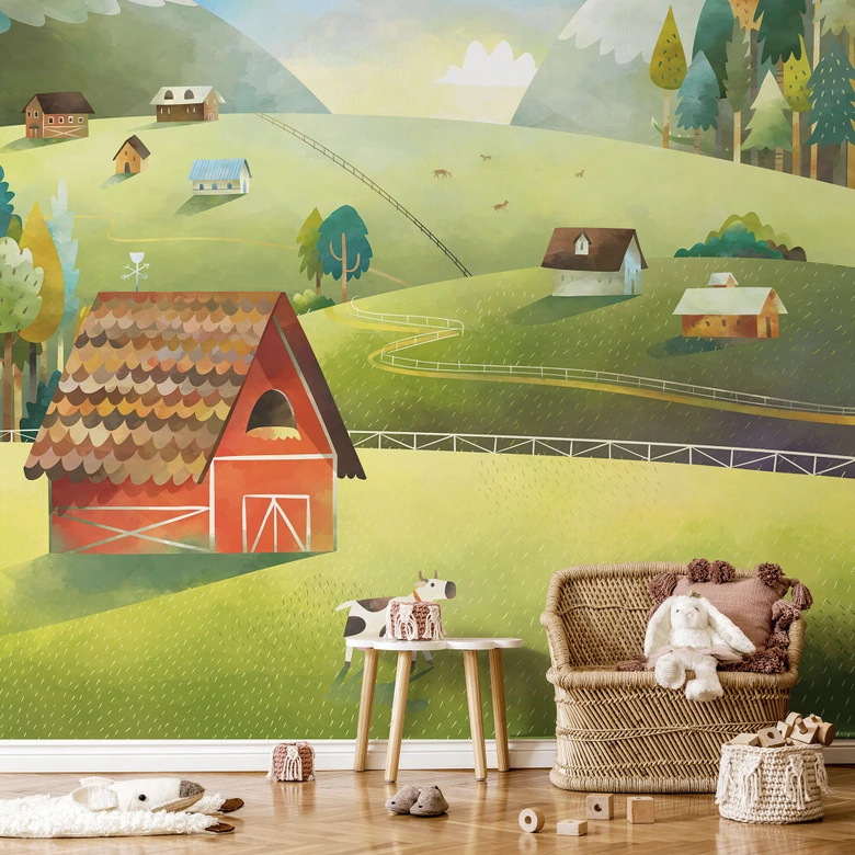 Fototapet för barnrum färgglad gård i bergen - DigitalArtsi 