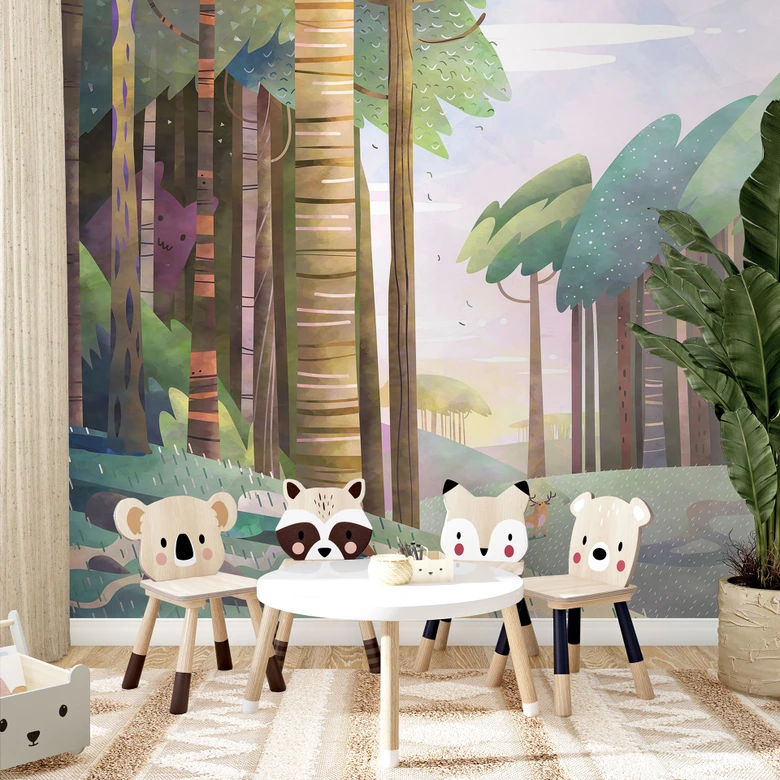 Fototapete Sonniger Wald mit Hirsch und Reh - DigitalArtsi - Kinderzimmer 