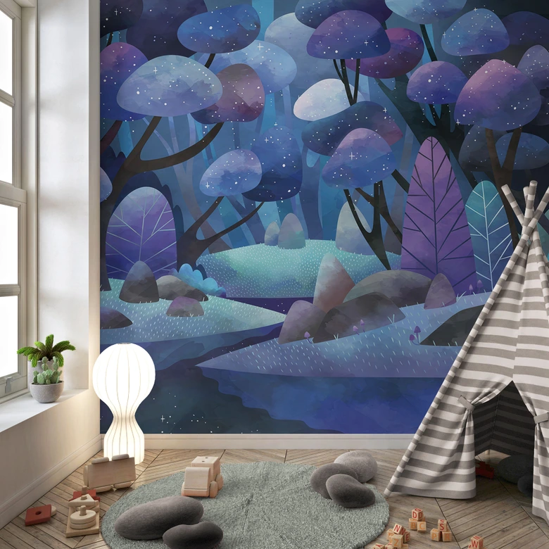 Children's Wall Mural Enchanted Forest in Midnight Blue - DigitalArtsi 