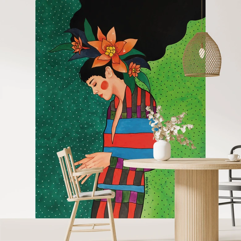Wall Mural Portrait - Woman in striped dress with orange flowers - Hülya 