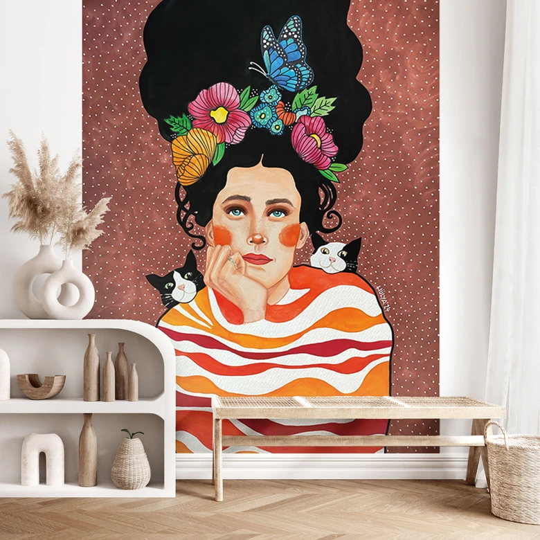 Fotomural Mujer con corona de flores y gatos - Hülya 