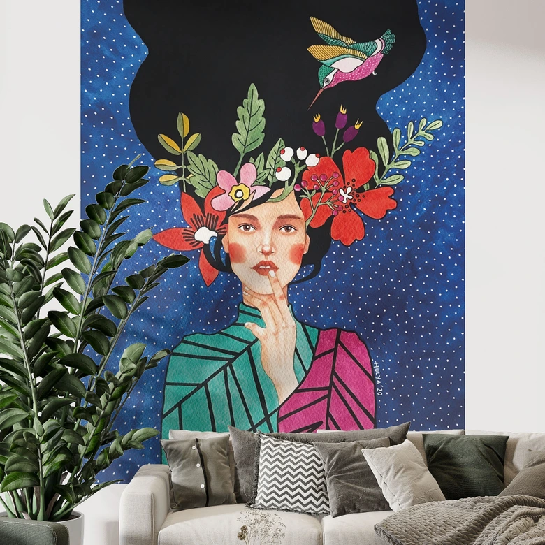 Papier peint femme avec colibri dans la nuit étoilée - Hülya 