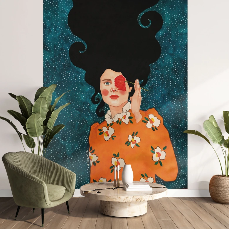 Fototapete Porträt - Geheimnisvolle Frau mit Rose - Hülya 