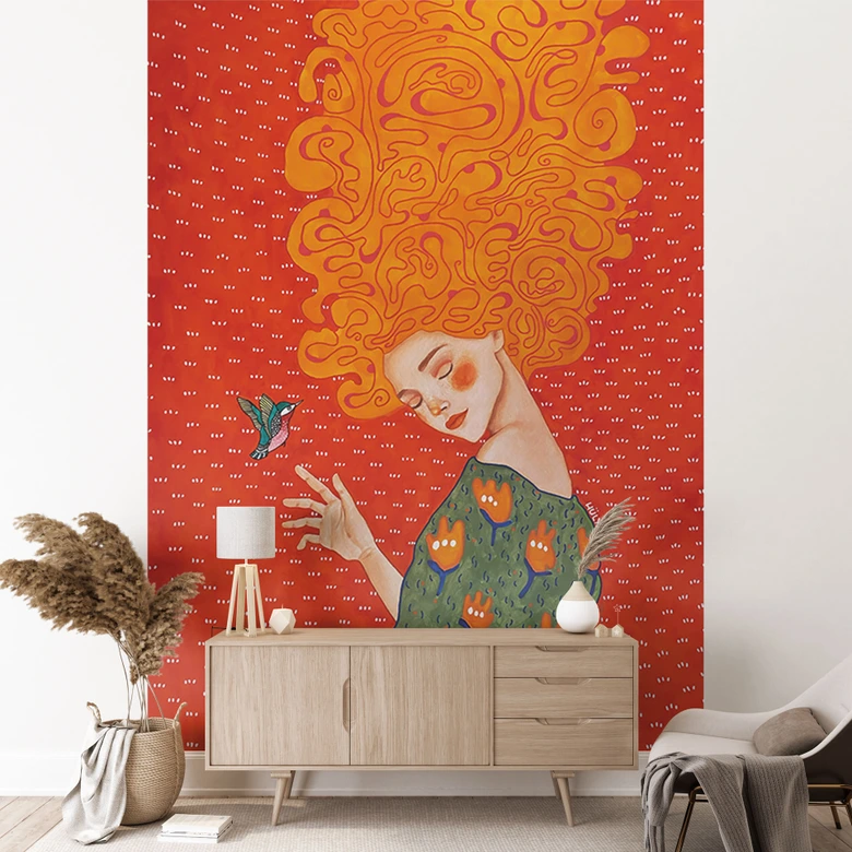 Wall Mural Hummingbird and woman in red light - Hülya 