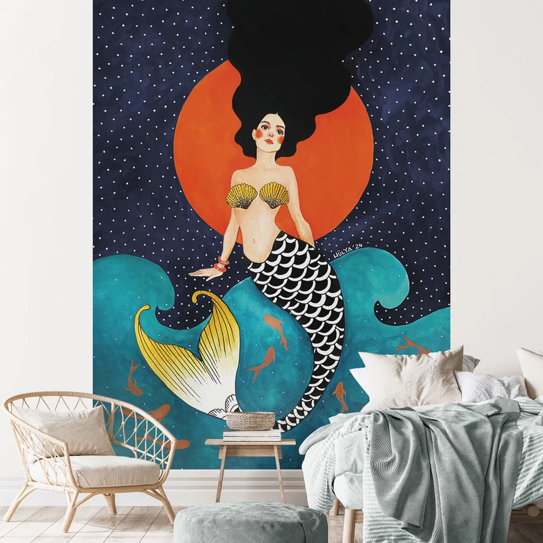 Océan Papier peint Sirène au clair de lune rouge - Hülya 