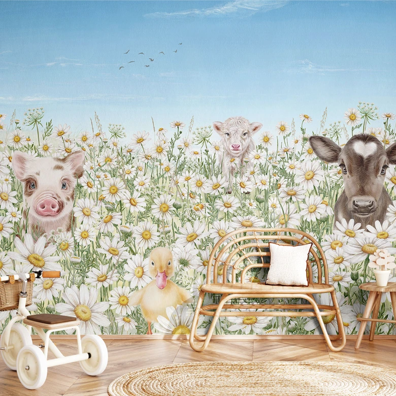 Kinderzimmer Fototapete - Bauernhoftiere auf der Blumenwiese - Kikki Belle 