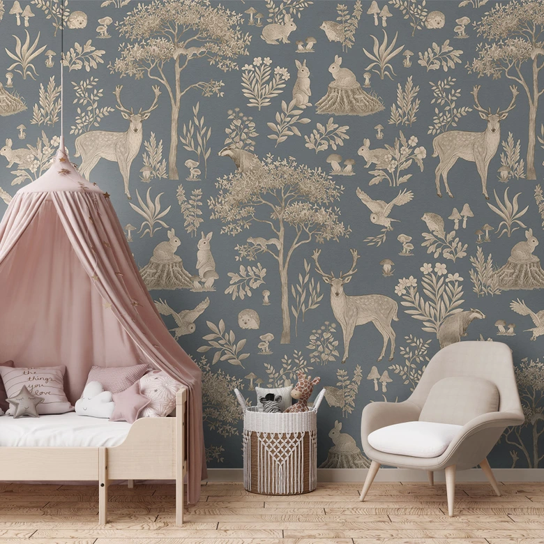 Fototapete Bezaubernder Wald mit Tieren - Vintage blau - Kikki Belle 