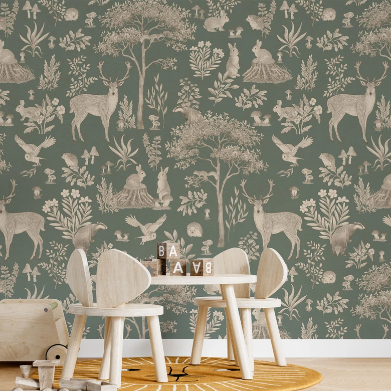 Förtrollande skog med djur Fototapet - Vintage grön - Kikki Belle 