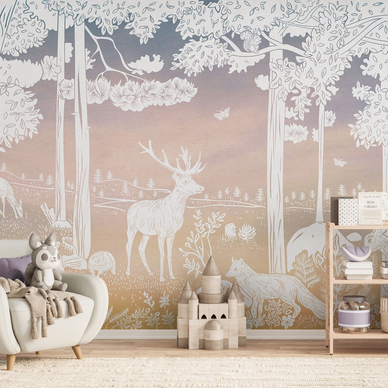 Fridfull skog med rådjur och rävar Fototapet - Ombre - Kikki Belle 