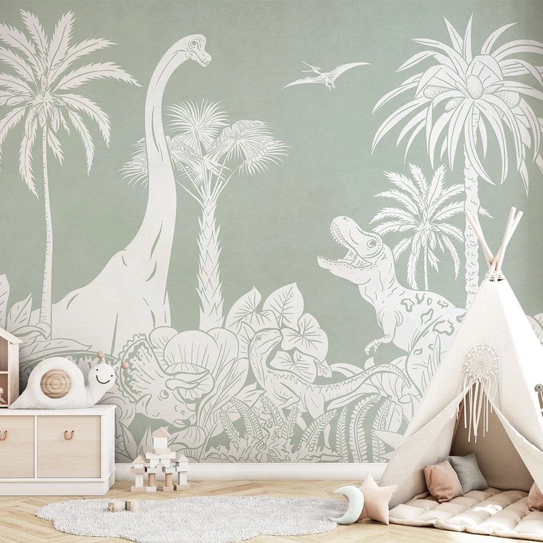 Fototapete Grüne Urzeitwelten - Dinosaurier unter Palmen - Kikki Belle 