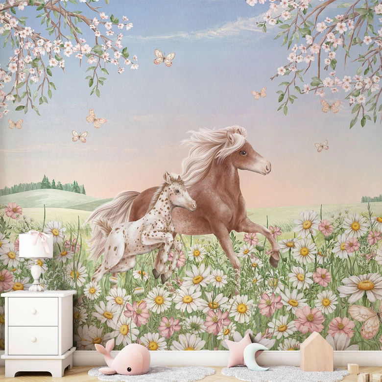 Papier peint photo chambre enfant Chevaux dans un pré fleuri - Kikki Belle 