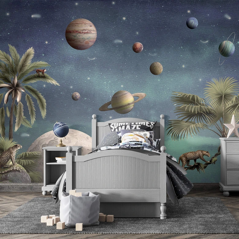 Kinderzimmer Fototapete Kikki Belle - Tropische Fantasiewelt mit Planeten und Palmen 