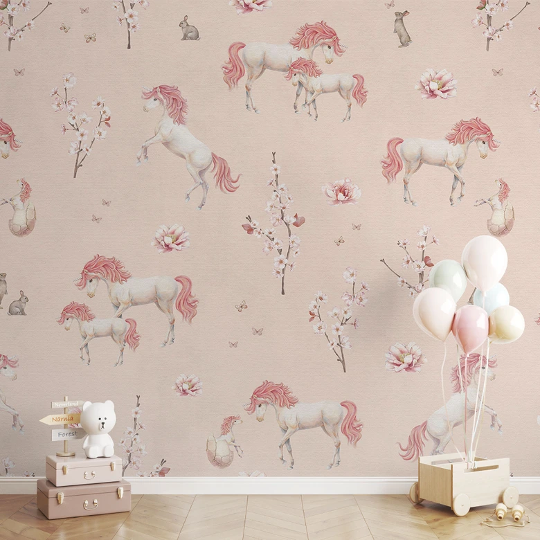 Fototapete Verzauberte Einhörner mit Kirschblüten - Kikki Belle 