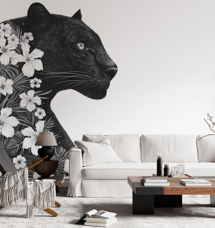 Fototapete Schwarzer Panther mit weißen Blumen - Korenkova 