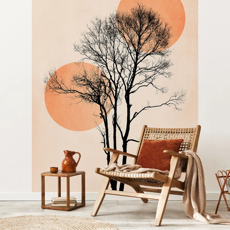 Fototapet Sol og måne i orange - Kubistika 