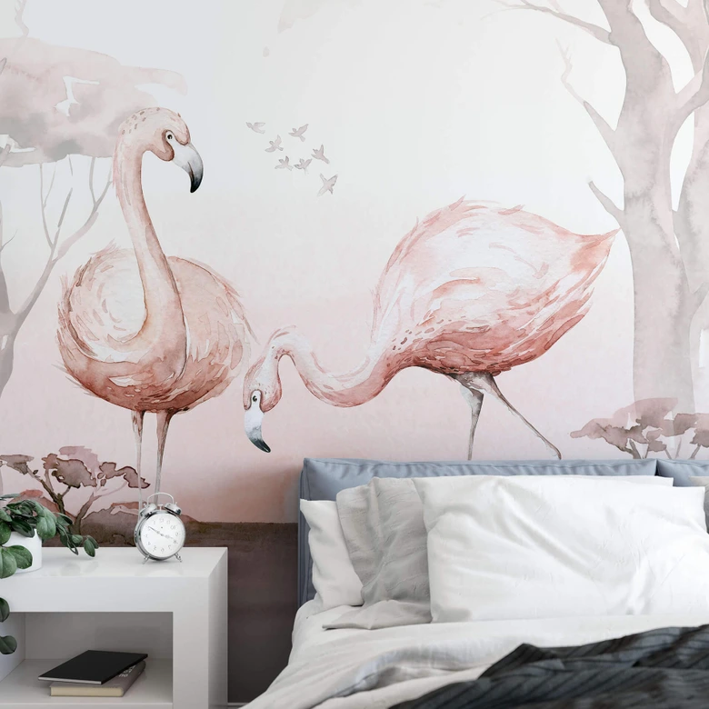 Fototapete Kvilis - Flamingos im Sonnenuntergang 