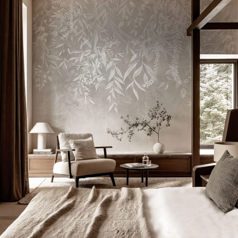 Fototapete Wohnzimmer Naturmotiv - Elegante Weidenzweige in Beige - Ms Tiff 