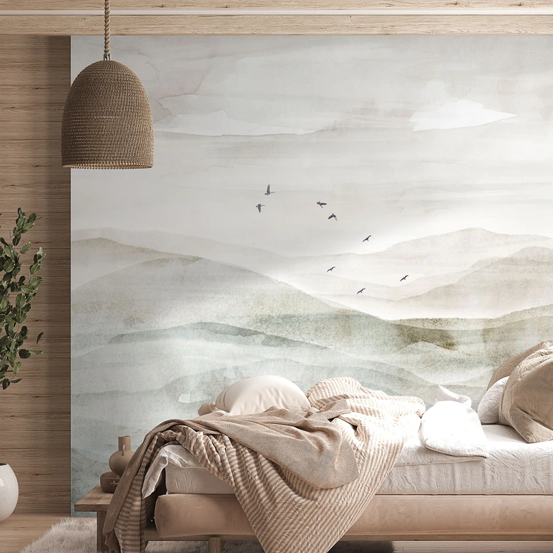 Fototapete mit Bergsilhouette - Neblige Berglandschaft Aquarell - Ms Tiff 