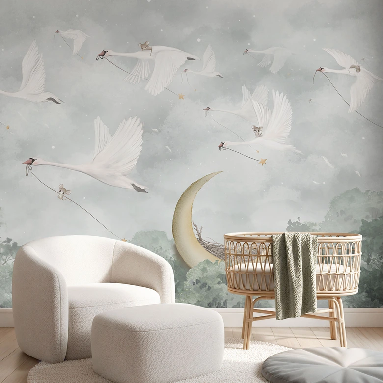 Kinderzimmer Fototapete Schwäne und Mäuse im Sternenflug - Ms Tiff 