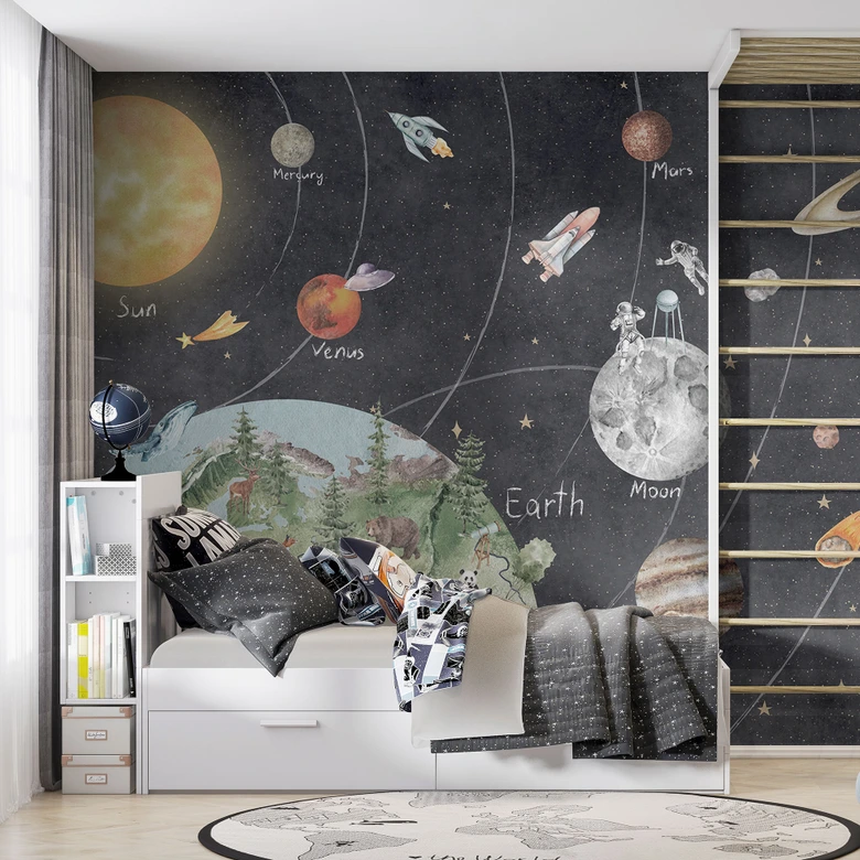 Kinderzimmer Fototapete Sonnensystem mit Planeten und Erde - Ms Tiff 